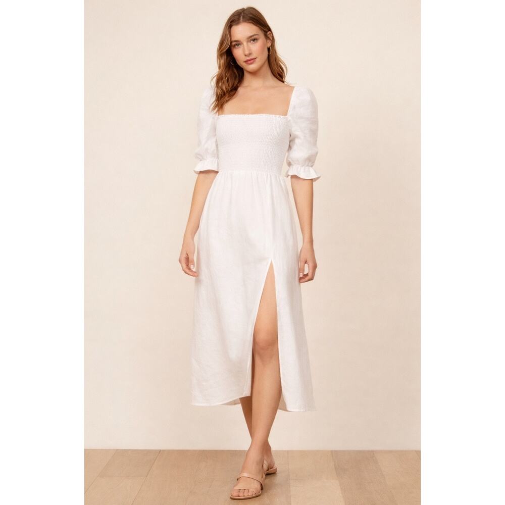 Reformation Marabella Linen Midi Dress White Smocked Puff Sleeve Small Vacation